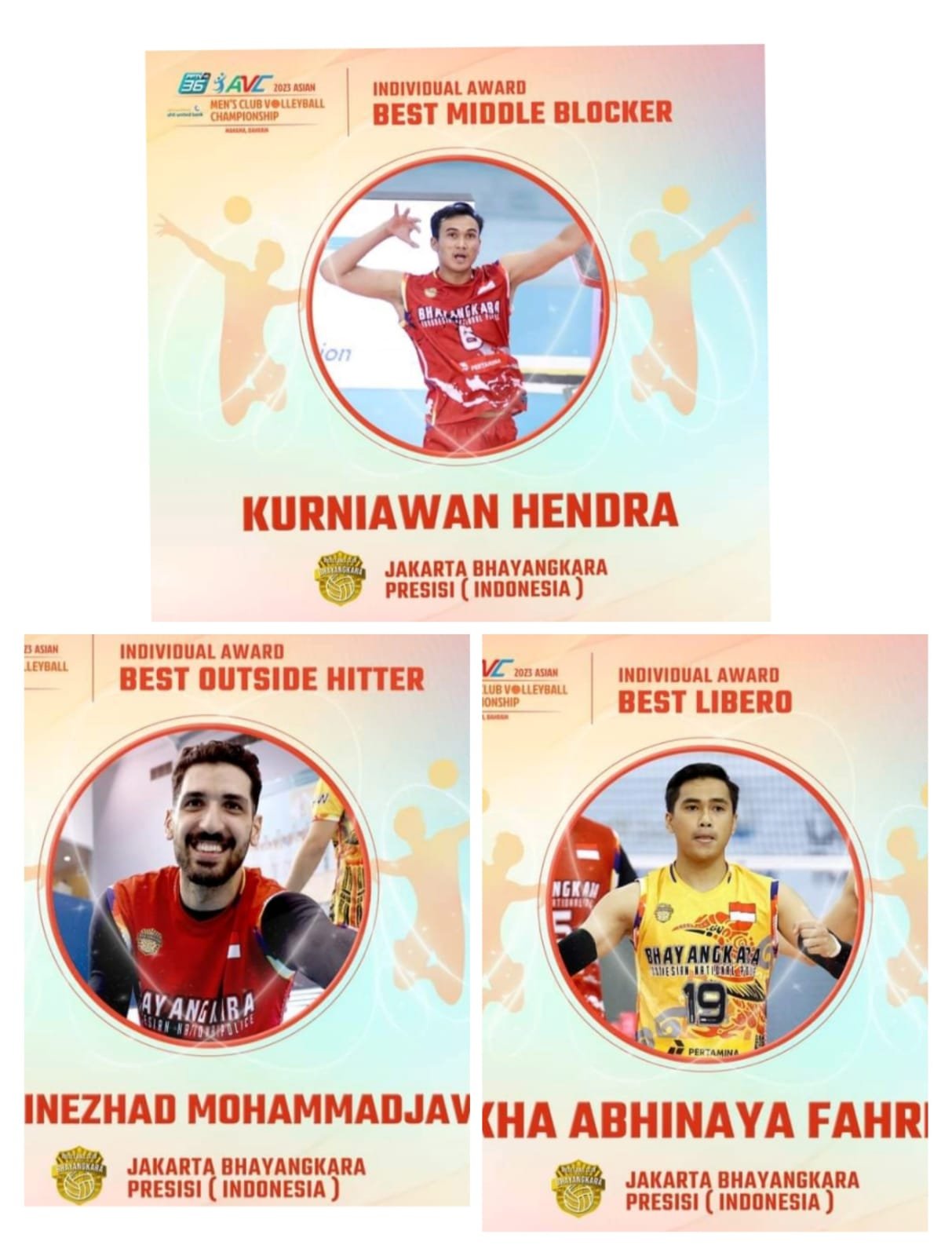 Tiga pemain voli Jakarta Bhayangkara Presisi meraih gelar terbaik perorangan di Asian Volleyball Championship (AVC) Bahrain 2023. Ketiga pemain Bhayangkara Presisi yang meraih gelar terbaik perorangan yakni Hendra Kurniawan sebagai best midle blocker, Rakha Abhinaya Fahreza meraih Best Libero dan Mohammad meraih best outside hitter. (kalimantanpost.com/tangkapan layar facebook AVC)