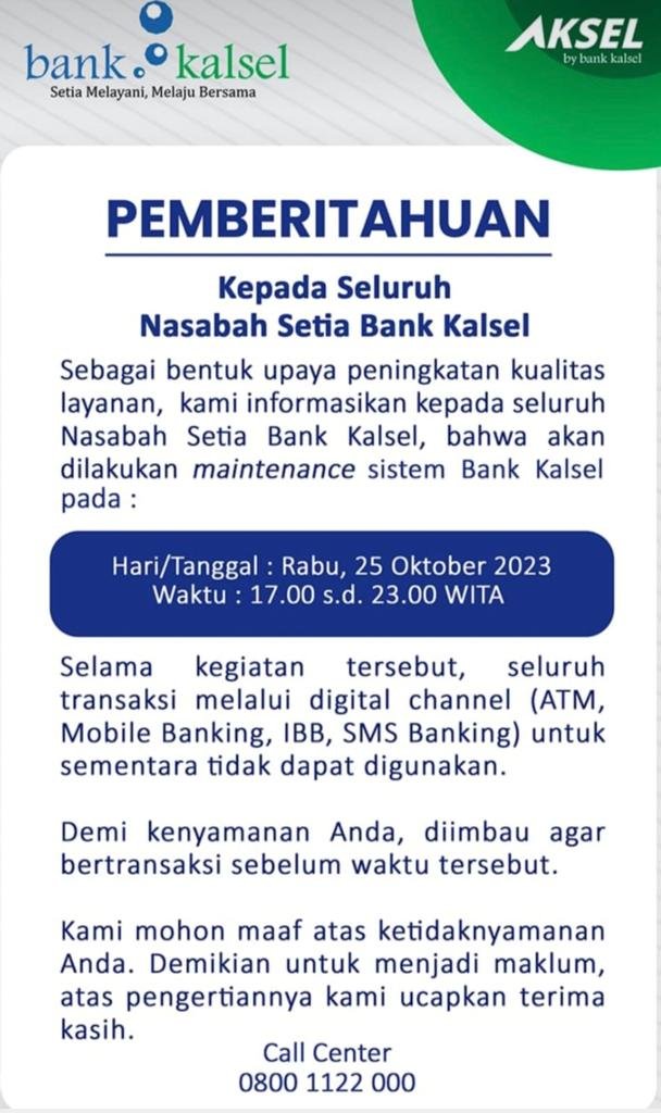 Hari ini Bank Kalsel Lakukan Maintenance 1 IMG 20231025 WA0068