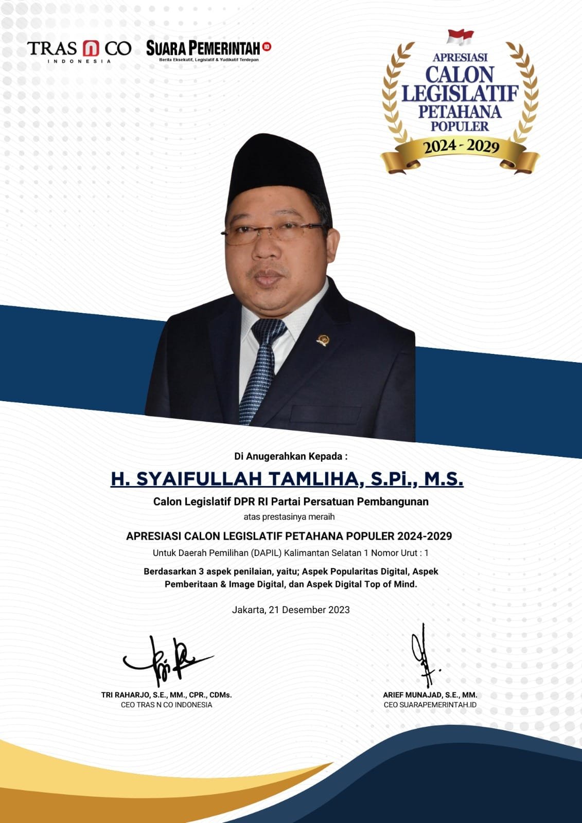 Syaifullah Tamliha Dapat Penghargaan Apresiasi Calon Legislatif Petahana Populer 2024-2029 1 IMG 20231221 WA0052