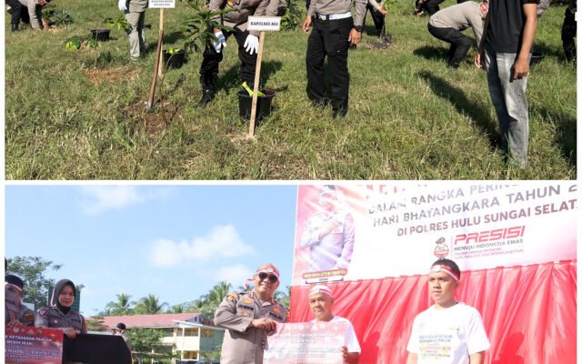 Polres HSS Tanam Ribuan Bibit Pohon, Bagikan Benih Ikan dan Bantuan Beasiswa