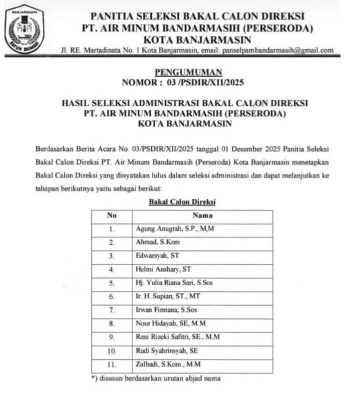 11 Bakal Calon Direksi PAM Bandarmasih Lulus Seleksi Administrasi, Sekda Ikhsan Ungkap Mekanisme Penilaian 1 IMG 20251202 WA0051