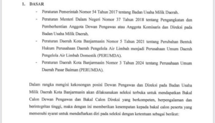 Pemkot Banjarmasin Buka Seleksi Dewan Pengawas dan Direksi Dua BUMD