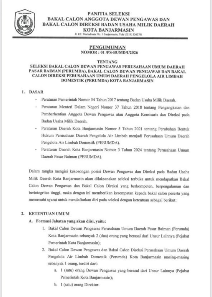 Pemkot Banjarmasin Buka Seleksi Dewan Pengawas dan Direksi Dua BUMD 1 IMG 20260129 WA0041