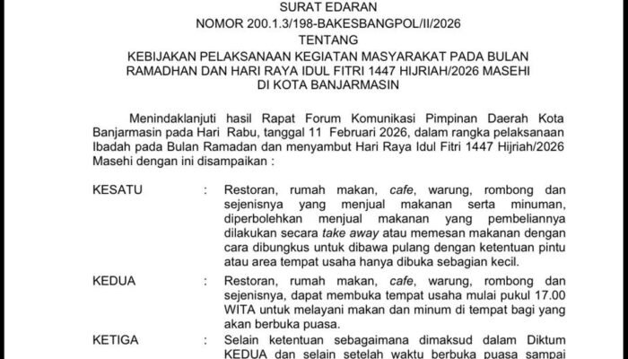 Pemkot Banjarmasin Terbitkan Surat Edaran Selama Ramadhan 1447 H Tempat Hiburan Malam Dilarang Beroperasi