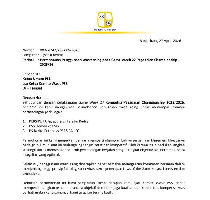 Jaga Integritas Kompetisi, Barito Putera Resmi Ajukan Penggunaan Wasit Asing di Laga Krusial 1 IMG 20260429 073338