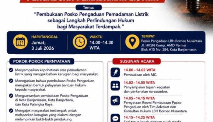 LBH Borneo Nusantara Buka Posko Pengaduan Pemadaman Listrik Kalsel dan Kalteng