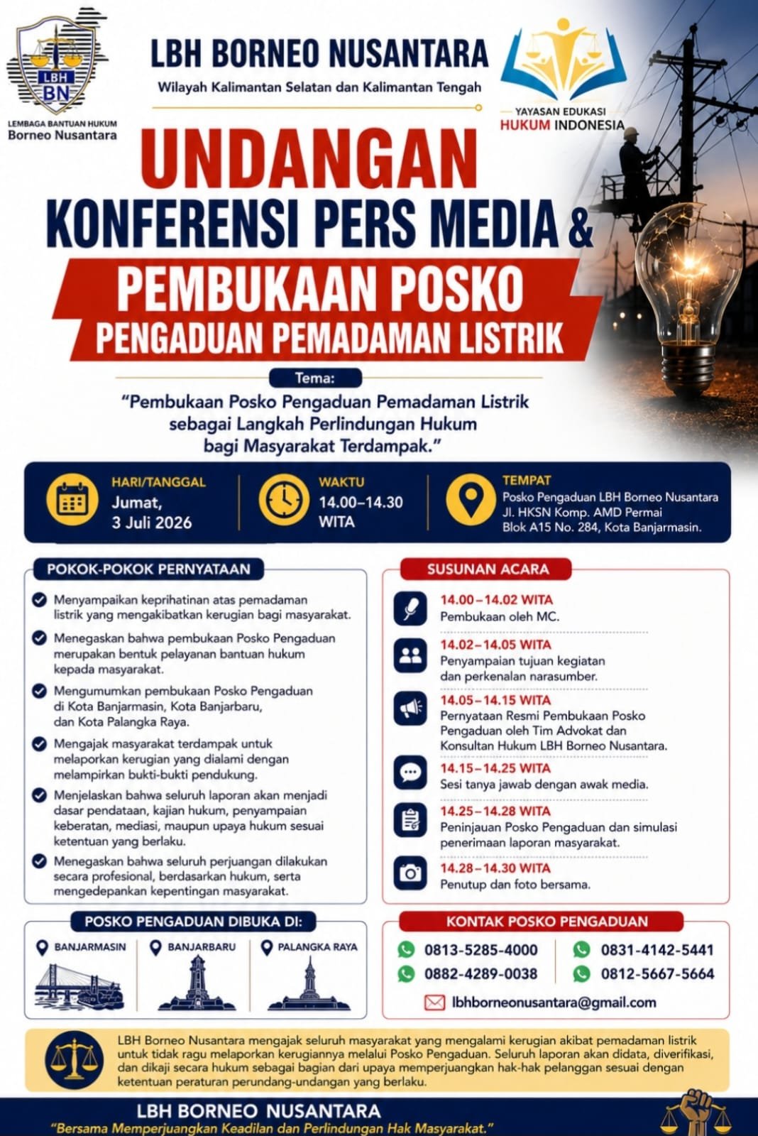 LBH Borneo Nusantara Buka Posko Pengaduan Pemadaman Listrik Kalsel dan Kalteng 1 IMG 20260703 WA0029